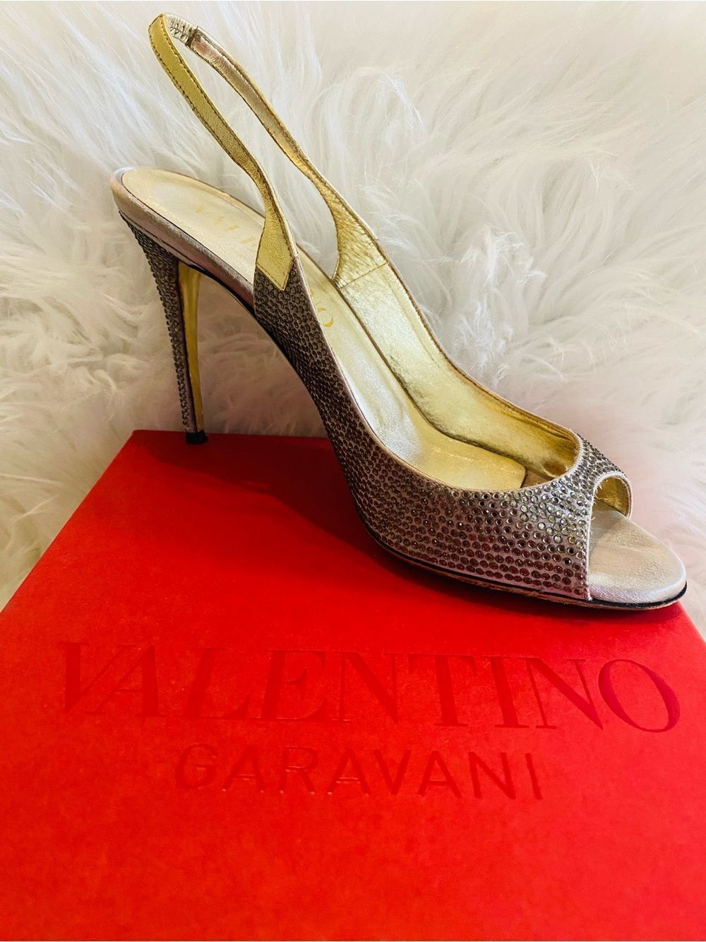Valentino Garavani Authentic Gold Leather & Crystal Slingback Pumps Size 36